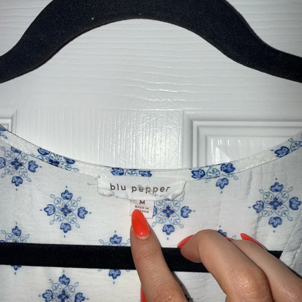 Blu Pepper Blue and White Casual Sundress with V-Neck and Dolman Cap Sleeves